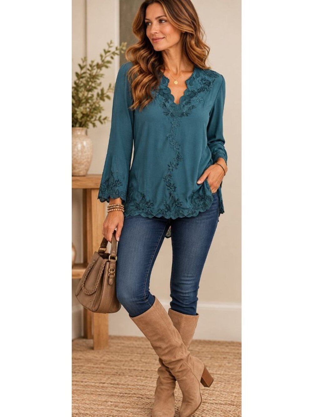 Soft Surroundings Women’s M Teal Embroidered Tunic Blouse Boho Romantic Lace